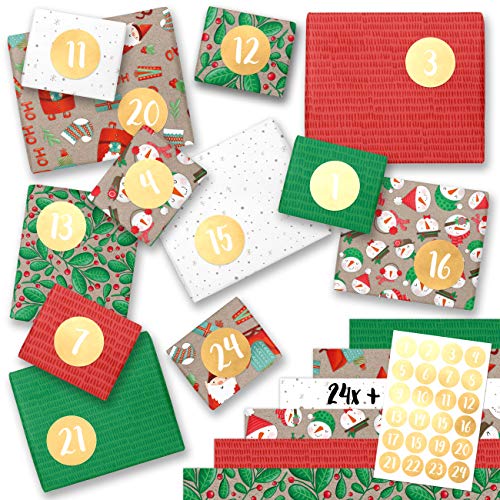 Papierdrachen DIY Adventskalender Geschenkpapier - Wrapping Paper mit Zahlen von 1-24 - Motiv Rot Grün - Geschenkverpackung Advent für größere Geschenke - 24 Bögen von Papierdrachen