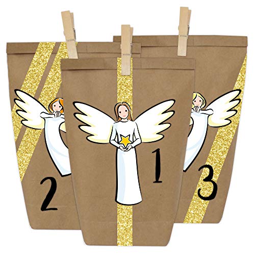 Papierdrachen DIY Adventskalender Kraftpapier Set - Engelchen zum Aufkleben - mit 24 braunen Papiertüten und Washi Tape zum selbst Befüllen und zum Selbermachen - Weihnachten von Papierdrachen
