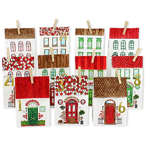 Papierdrachen DIY Adventskalender Kraftpapier Set - Häuser zum Ausmalen - mit 24 weißen bedruckten Papiertüten zum Ausmalen und selbst Befüllen - Weihnachten von Papierdrachen