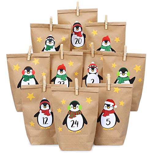 Papierdrachen DIY Adventskalender Kraftpapier Set - Pinguine zum Aufkleben - mit 24 braunen Papiertüten zum selbst Befüllen und zum Selbermachen - Weihnachten von Papierdrachen