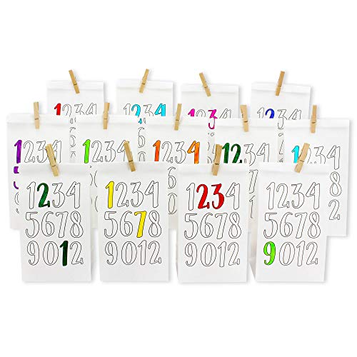 Papierdrachen DIY Adventskalender Kraftpapier Set - Zahlen zum Ausmalen - mit 24 weißen bedruckten Papiertüten zum Ausmalen und selbst Befüllen - Weihnachten von Papierdrachen