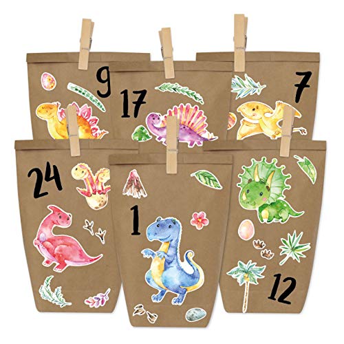 Papierdrachen Adventskalender zum Befüllen - Dinosaurier zum Aufkleben - mit 24 braunen Papiertüten und tollen Stickern für Kinder - Weihnachten von Papierdrachen