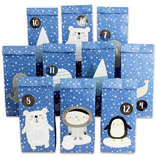 Papierdrachen DIY Adventskalender zum Befüllen - Poloartiere zum Aufkleben - mit 24 blau bedruckten Papiertüten und tollen Stickern für Kinder - Weihnachten von Papierdrachen