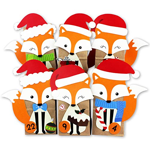 Papierdrachen DIY Adventskalender Kraftpapier Set - ausgestanzte Füchse - mit 24 braunen Papiertüten zum selbst Befüllen und zum Selbermachen - Weihnachten für Kinder von Papierdrachen