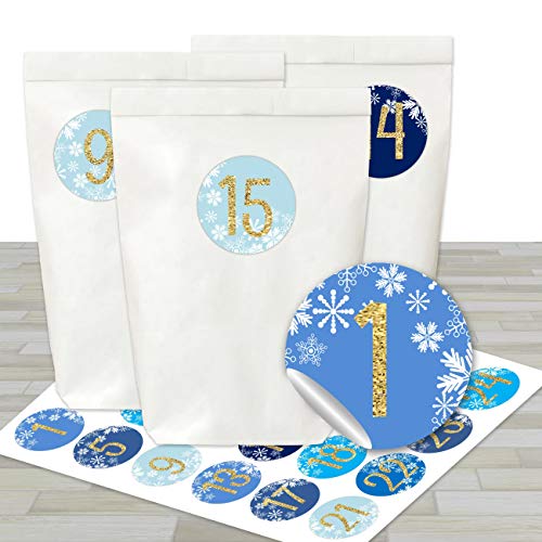 Papierdrachen - DIY Adventskalender zum Befüllen und Basteln - Komplettset - 24 weiße Papiertüten und 24 Zahlenaufkleber - Motiv weihnachtlich blau für Kinder und Erwachsene von Papierdrachen