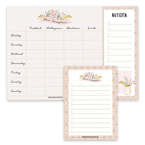 Papierdrachen Essensplaner Mealplaner und Einkaufsliste als Notizblock - Menüplanung leicht gemacht in DIN A4 und DIN A6 - Wochenplaner mit Blumenmuster - Ideal für den Haushalt - Set 13 von Papierdrachen