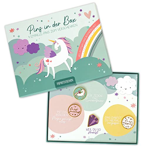 Papierdrachen Geschenkset Prinzessin - zum Geburtstag oder zur Einschulung - Mitgebsel in hochwertiger Geschenkschachtel - Einhorn - mit motivierenden Anstecknadeln für Kinder - Set 2 von Papierdrachen