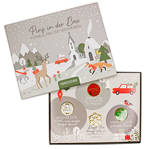 Papierdrachen Geschenkset zu Weihnachten - Mitgebsel in hochwertiger Geschenkschachtel - mit Anstecknadeln passend zum Winter - Set 4 von Papierdrachen