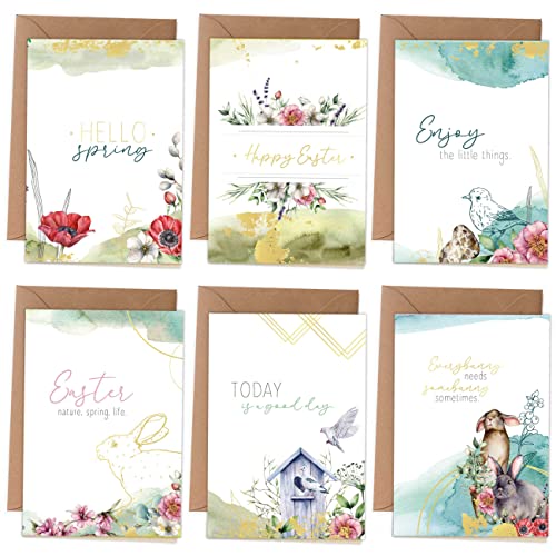 Papierdrachen Klappkarten zu Ostern - | 6 frühlingshafte Osterkarten inklusive Umschlag zur Osterzeit - Grüße an die Familie - Stilvolles Design - Motiv Wasserfarben mit Goldfolierung - Set 4 von Papierdrachen