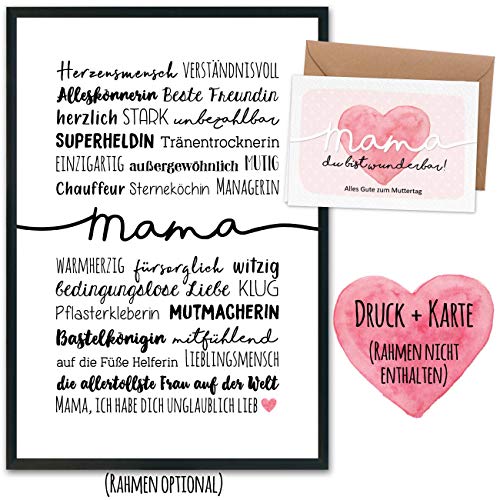 Papierdrachen Muttertagsgeschenk mit Kunstdruck, Klappkarte, Umschlag und Postkarten - Geschenk zum Muttertag - Handlettering Herzensmensch Superheldin Beste Freundin - ohne Rahmen von Papierdrachen