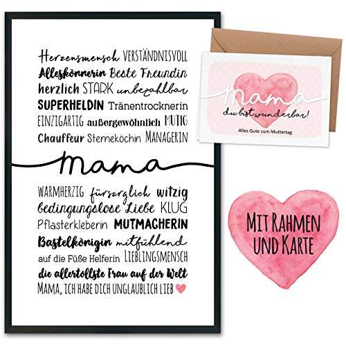 Papierdrachen Muttertagsgeschenk mit eingerahmtem Kunstdruck, Klappkarte, Umschlag und Postkarten - Geschenk zum Muttertag - Handlettering Herzensmensch Superheldin Beste Freundin - mit Rahmen von Papierdrachen