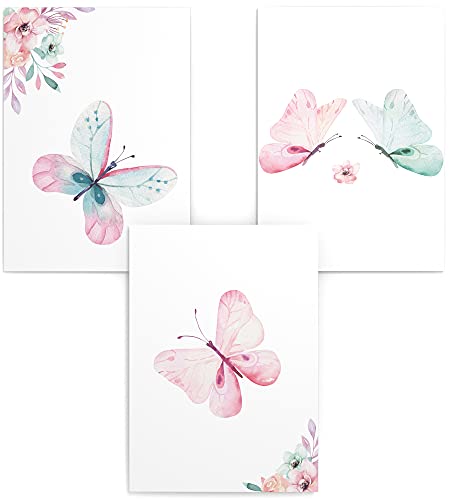 Papierschmiede® Kinderposter 3er Set, 30x40 cm Wanddeko, Geschenk für Jungen & Mädchen Kinderzimmer Babyzimmer, Schmetterlinge von Papierschmiede