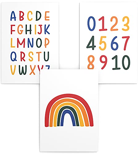 Papierschmiede® Kinderposter 3er Set Lernposter, DIN A4 (21x30 cm) Wanddeko, Geschenk für Mädchen & Jungen Kinderzimmer, Alphabet Buchstaben, ABC Zahlen Regenbogen bunt von Papierschmiede