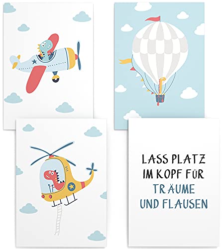Papierschmiede® Kinderposter 4er Set, DIN A4 (21x30 cm) Wanddeko, Geschenk für Jungen Kinderzimmer Babyzimmer, blau Flugzeug Hubschrauber, Dino Flieger von Papierschmiede