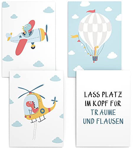 Papierschmiede® Kinderposter 4er Set, DIN A4 (21x30 cm) Wanddeko, Geschenk für Jungen Kinderzimmer Babyzimmer, blau Flugzeug Hubschrauber, Dino Flieger von Papierschmiede