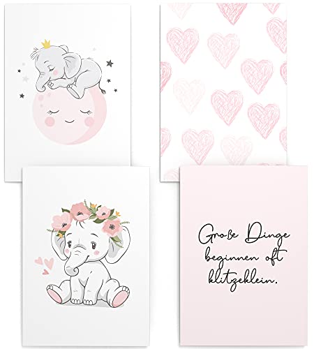 Papierschmiede® Kinderposter 4er Set, DIN A4 (21x30 cm) Wanddeko, Geschenk für Mädchen Kinderzimmer Babyzimmer, rosa Herzen, Baby Elephant von Papierschmiede