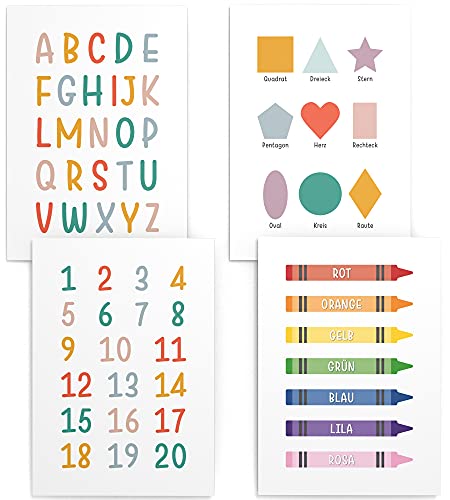 Papierschmiede® Kinderposter 4er Set Lernposter, 30x40 cm Wanddeko, Geschenk für Mädchen & Jungen Kinderzimmer, bunte Buchstaben Einschulung, ABC Zahlen Farben Formen von Papierschmiede