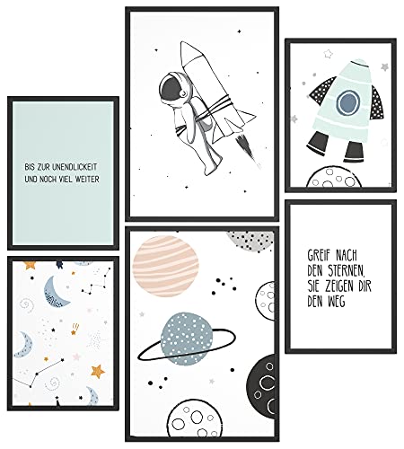 Papierschmiede® Bilder Kinderzimmer Kids Mood Poster Set Astronaut, Gerahmte Bilder fürs Kinderzimmer in schwarzen Holzrahmen, 2x DIN A4 und 4x DIN A5, Planet Rakete Weltraum von Papierschmiede