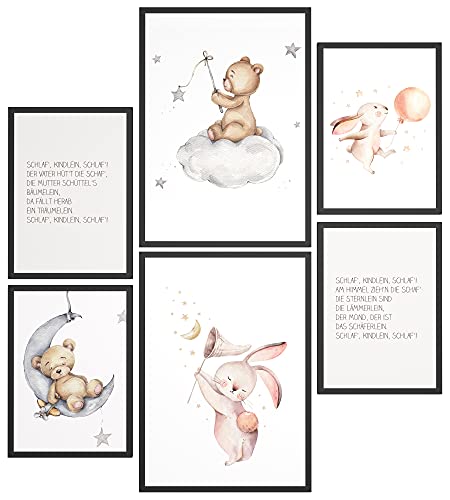 Papierschmiede® Bilder Kinderzimmer Kids Mood Poster Set Gute Nacht Tiere, Kinderzimmer Bilder Babyzimmer Deko, 2x 30x40cm und 4x 21x30cm, Hase Teddy Schlafen - Kinderposter ohne Rahmen von Papierschmiede