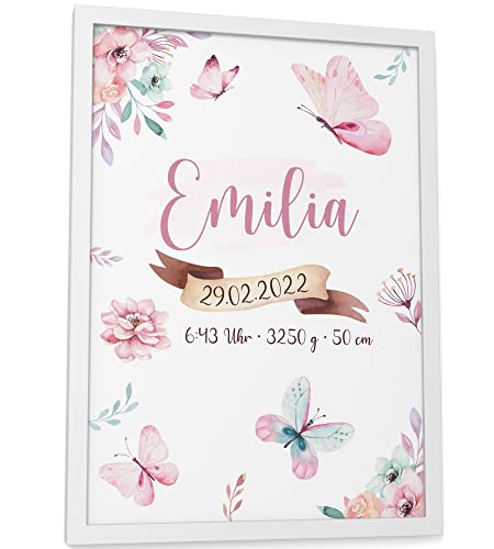 Papierschmiede® Geburtsposter, Name & Geburtsdaten personalisiert, DIN A4 (21x30 cm), Geburtsposter, Geburtsanzeige, Baby Geschenk Bild Geburt - ohne Rahmen - Schmetterlinge Rosa Mädchen von Papierschmiede