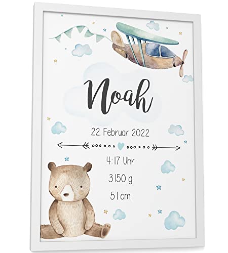 Papierschmiede® Geburtsposter, Name & Geburtsdaten personalisiert, DIN A4 (21x30 cm), Geburtsposter, Geburtsanzeige, Baby Geschenk Bild Geburt - ohne Rahmen - Verspielt Blau Jungen von Papierschmiede