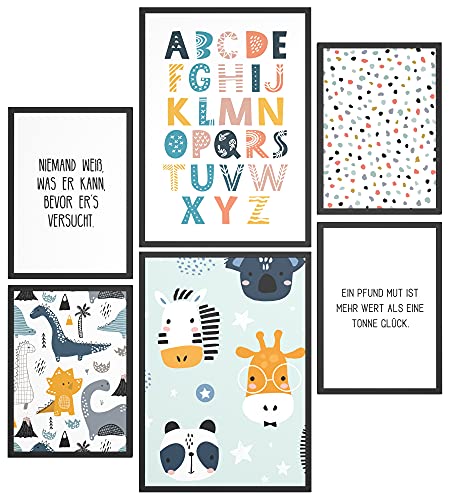 Papierschmiede® Bilder Kinderzimmer Kids Mood Poster Set ABC Dino Safari, Kinderzimmer Bilder Babyzimmer Deko, 2x DIN A4 und 4X DIN A5, Alphabet Tiere Lesen - Kinderposter ohne Rahmen von Papierschmiede