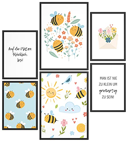 Papierschmiede® Bilder Kinderzimmer Kids Mood Poster Set Bienen, Kinderzimmer Bilder Babyzimmer Deko, 2x DIN A4 und 4x DIN A5, Blumen Bienchen Bunt - Kinderposter ohne Rahmen von Papierschmiede