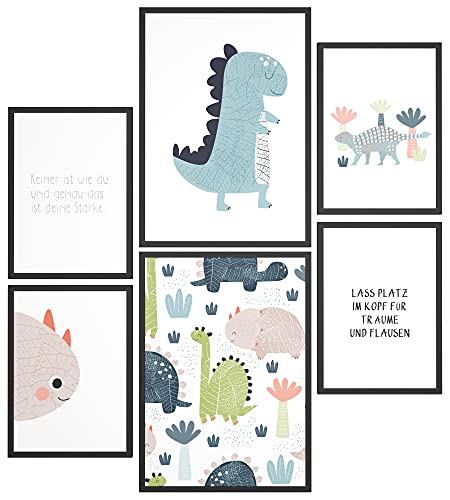 Papierschmiede® Bilder Kinderzimmer Kids Mood Poster Set Dino, Kinderzimmer Bilder Babyzimmer Deko, 2x DIN A4 und 4x DIN A5, Dinosaurier Urzeit Tyrannosaurus - Kinderposter ohne Rahmen von Papierschmiede