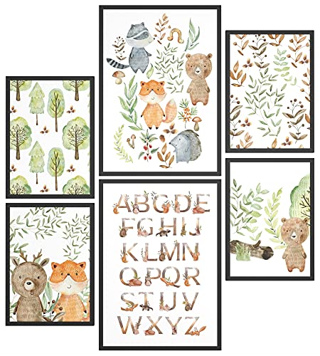 Papierschmiede® Bilder Kinderzimmer Kids Mood Poster Set Pfadfinder Tiere, Kinderzimmer Bilder Babyzimmer Deko, 2x DIN A3 und 4x DIN A4, Wald Alphabet Fuchs - Kinderposter ohne Rahmen von Papierschmiede