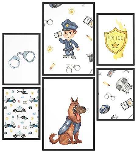 Papierschmiede® Bilder Kinderzimmer Kids Mood Poster Set Polizei, Kinderzimmer Bilder Babyzimmer Deko, 2X DIN A4 und 4X DIN A5, Hubschrauber Auto Sheriff - Kinderposter ohne Rahmen von Papierschmiede