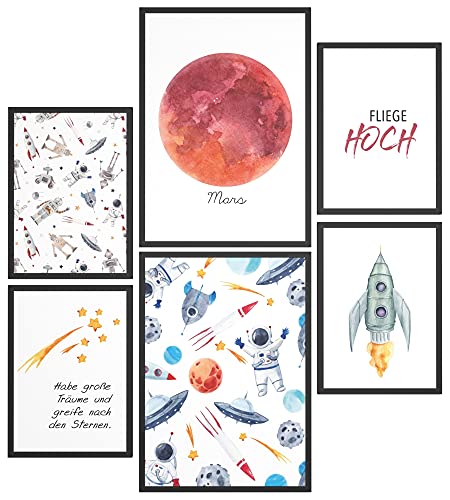 Papierschmiede® Bilder Kinderzimmer Kids Mood Poster Set Weltraum, Kinderzimmer Bilder Babyzimmer Deko, 2x DIN A4 und 4x DIN A5, Mars Rakete Astronaut - Kinderposter ohne Rahmen von Papierschmiede