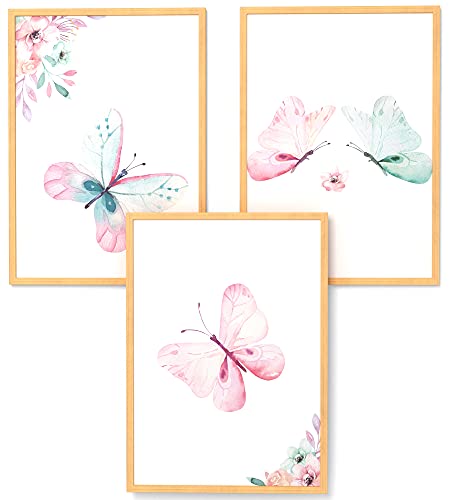 Papierschmiede® Kinderbilder 3er Set, A4 gerahmt in Holzrahmen (Natur), Geschenk für Jungen & Mädchen Wanddeko Kinderzimmer Babyzimmer, Schmetterlinge von Papierschmiede