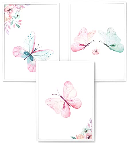 Papierschmiede® Kinderbilder 3er Set, A4 gerahmt in Holzrahmen (weiß), Geschenk für Jungen & Mädchen Wanddeko Kinderzimmer Babyzimmer, Schmetterlinge von Papierschmiede