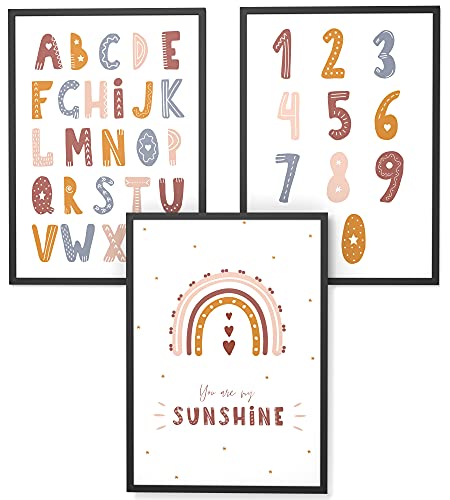 Papierschmiede® Kinderbilder 3er Set Lernposter, A3 gerahmt in Holzrahmen (schwarz), Geschenk für Mädchen & Jungen Kinderzimmer, bunte Buchstaben Einschulung rosa beige, Sunshine ABC Numbers von Papierschmiede