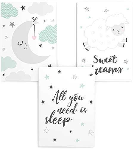 Papierschmiede® Kinderposter 3er Set, DIN A4 (21x30 cm) Wanddeko, Geschenk für Jungen & Mädchen Kinderzimmer Babyzimmer, All you need is sleep von Papierschmiede