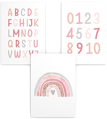 Papierschmiede® Kinderposter 3er Set Lernposter, DIN A2 Wanddeko, Geschenk für Mädchen Kinderzimmer Vorschule| Alphabet Buchstaben, ABC Zahlen Regenbogen rosa von Papierschmiede