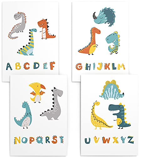 Papierschmiede® Kinderposter 4er Set, 40x60 cm Wanddeko, Geschenk für Jungen Kinderzimmer Babyzimmer, Dinosaurier Alphabet, Dino ABC von Papierschmiede