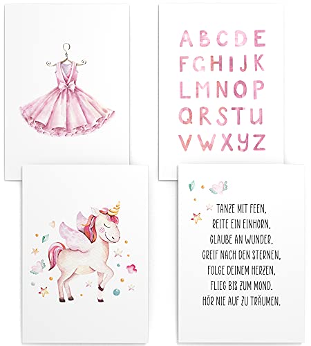 Papierschmiede® Kinderposter 4er Set, B2 (50x70 cm) Wanddeko, Geschenk für Mädchen Kinderzimmer Babyzimmer, Einhorn ABC rosa Kleid, Aquarell Unicorn von Papierschmiede