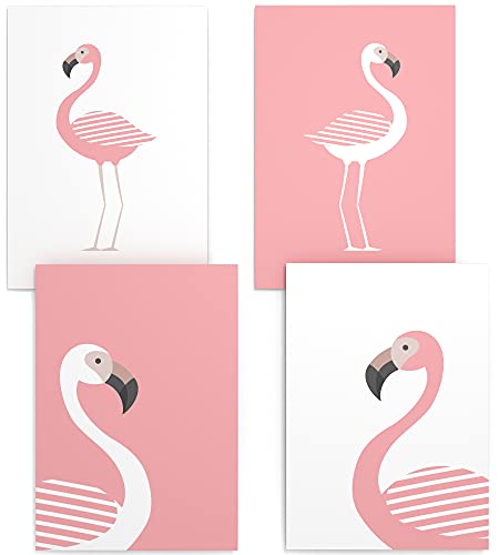 Papierschmiede® Kinderposter 4er Set, DIN A4 (21x30 cm) Wanddeko, Geschenk für Mädchen Kinderzimmer Babyzimmer, rosa, Flamingos von Papierschmiede