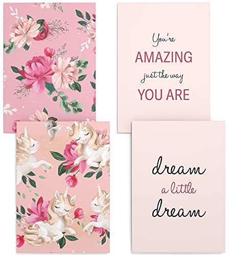 Papierschmiede® Kinderposter 4er Set, DIN A4 (21x30 cm) Wanddeko, Geschenk für Mädchen Kinderzimmer Babyzimmer, rosa Einhorn Blumen Traum, Unicorn Flowers von Papierschmiede