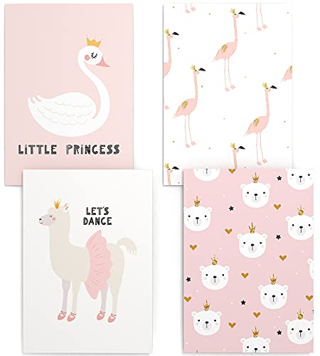 Papierschmiede® Kinderposter 4er Set, DIN A4 (21x30 cm) Wanddeko, Geschenk für Mädchen Kinderzimmer Babyzimmer, rosa Tiere Schwan Flamingo Lama, Princess Animals von Papierschmiede