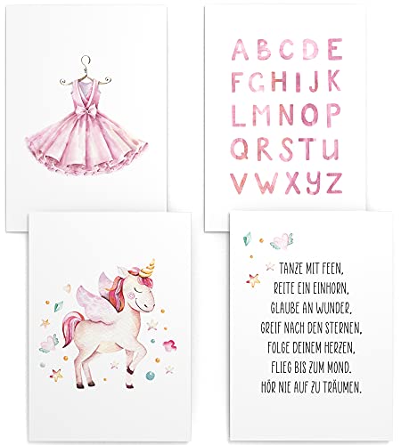 Papierschmiede® Kinderposter 4er Set, 30x40 cm Wanddeko, Geschenk für Mädchen Kinderzimmer Babyzimmer, Einhorn ABC rosa Kleid, Aquarell Unicorn von Papierschmiede