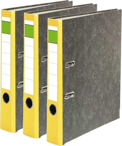 Papiertiger Ordner Nature mit farbigem Rücken aus Graukaton im Wolkenmamor Design, Rückenschild klassisch grüner Balken (Nature (Wolkenmamor), Gelb, 3 Stück | 5cm schmal) von Papiertiger