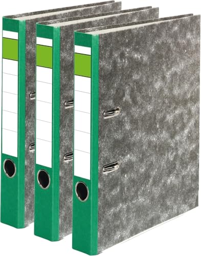 Papiertiger Ordner Nature mit farbigem Rücken aus Graukaton im Wolkenmamor Design, Rückenschild klassisch grüner Balken (Nature (Wolkenmamor), Grün, 3 Stück | 5cm schmal) von Papiertiger