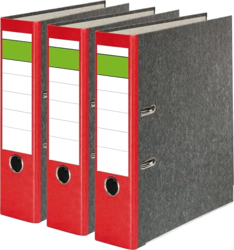 Papiertiger Ordner Nature mit farbigem Rücken aus Graukaton im Wolkenmamor Design, Rückenschild klassisch grüner Balken (Nature (Wolkenmamor), Rot, 3 Stück | 8cm Breit) von Papiertiger