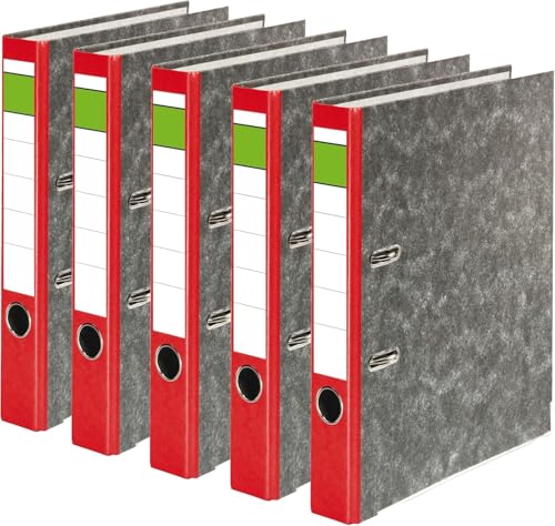 Papiertiger Ordner Nature mit farbigem Rücken aus Graukaton im Wolkenmamor Design, Rückenschild klassisch grüner Balken (Nature (Wolkenmamor), Rot, 5 Stück | 5cm schmal) von Papiertiger