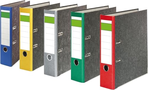 Papiertiger Ordner Nature mit farbigem Rücken aus Graukaton im Wolkenmamor Design, Rückenschild klassisch grüner Balken (Nature (Wolkenmamor), Sortiert, 5 Stück | 8cm Breit) von Papiertiger