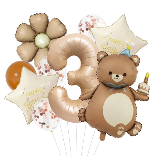 ParPix 10 Stück Bär Luftballon Geburtstagsdeko 3 Jahre Junge Mädchen, Luftballon 3. Geburtstag Junge, Bären Folienballon 3 Geburtstag Junge, Luftballons Geburtstags 3 Jahre, Deko 3. Geburtstags Ballon von ParPix