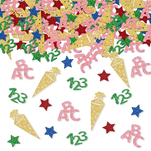 ParPix 100 Stück Schulanfang Deko Konfetti Groß, Bunt Confetti Einschulung Deko Mädchen Junge, Streudeko Schulkind 2025,Tischdeko Einschulung,Gold Streudeko Schultüte ABC 123, Schuleinführung Konfetti von ParPix