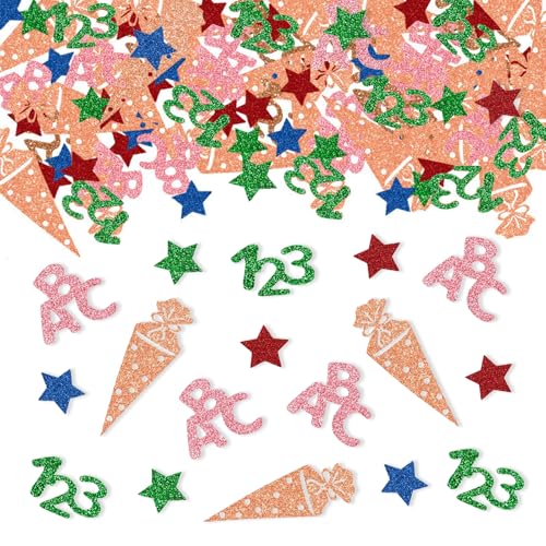 ParPix 100 Stück Bunt Einschulung Deko Konfetti, Groß Confetti Deko Schulanfang Mädchen Junge, Einschulung Tischdeko, Streudeko Schulkind 2025, Schuleinführung Konfetti, Streudeko Schultüte ABC 123 von ParPix